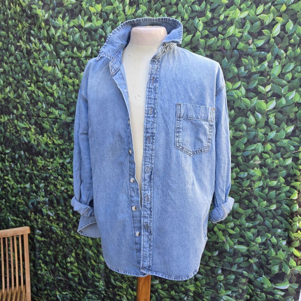 By Together Chambray Denim Button Up Shirt Women's Small Oversized 100% Cotton
